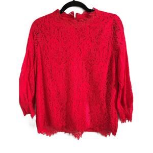 EUC Alice Blue ¾ Sleeve Red Floral Pattern Lace Overlay Top Pearl Buttons *Large